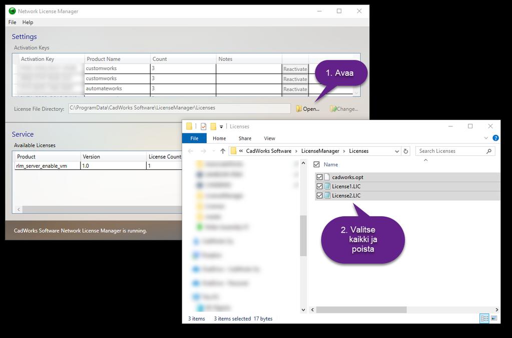 Avaa lisenssitiedostojen kansio painamalla käyttöliittymän Open...--painiketta 3.
