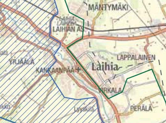 Ote inventoinnista 2010 2015, Laihianjoen kulttuurimaisema-alueen ehdotettu uusi rajaus sinisellä rasterilla. Pohjanmaan maakuntakaavan 2040 luonnos on ollut nähtävillä 5.2. 9.3.2018.