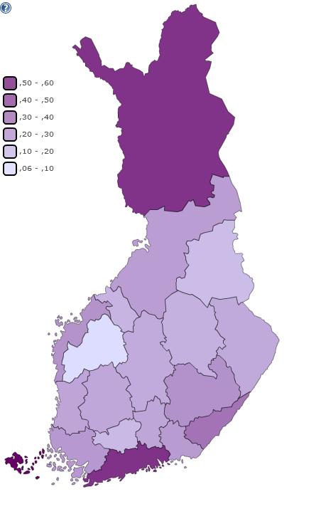 Ulkomaisten yöpymisten osuus (%) maakunnissa vuonna 2018 Kukin maakunta = 100 % Koko Suomessa kirjattiin yhteensä 6,8 miljoonaa ulkomaista yöpymistä vuonna 2018 Central Ostrobothnia Ostrobothnia