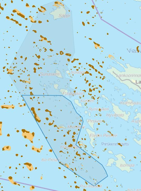 30 Kuva 5.5. Potentiaaliset riutat (vaaleanruskea) ja riuttaympäristöt (tummanruskea) Natura-alueella (harmaa alue) ja tarkastelualueella (sininen viiva) (http://paikkatieto.ymparisto.fi/velmu/ 18.