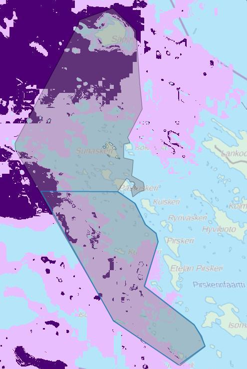 33 Kuva 5.7. Sinisimpukkayhteisön esiintymistodennäköisyysmalli koko Natura-alueella (harmaa alue) sekä tarkastelualueella (sininen viiva).