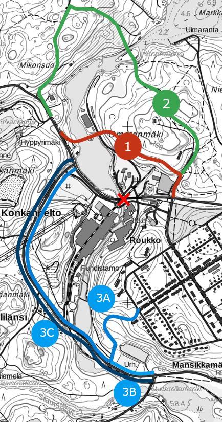 VERTAILU Reitin pituus VE 1 VE 2 VE 3A VE 3B VE 3C 1,6 km 2,8 km 2,1 km 3,2 km 3,2 km Valittu vaihtoehto Liikenneturvallisuus Ei merkittäviä risteämisiä raskaan liikenteen reittien kanssa.