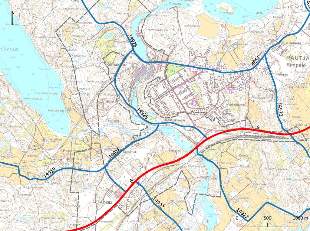 LIIKENNEMÄÄRÄT MT14925 KATKAISU 100 Keskimääräinen vuorokausiliikenne kun maantie 14925 on katkaistu tehtaan kohdalla Kaava-alueen raja Liikenne kasvaa maantiellä 14928 kaksin-kolminkertaiseksi,