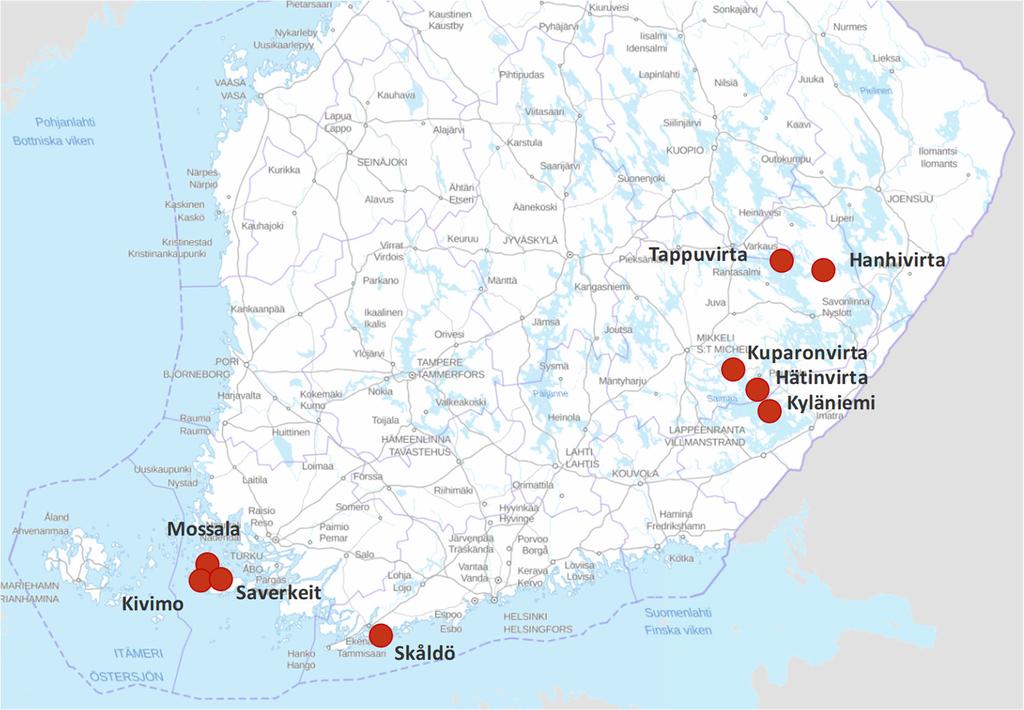 Väyläviraston julkaisuja 42/2019 10 Kohteet ovat: Hanhivirta (Enonkoski) Hätinvirta (Puumala) Kuparonvirta (Mikkeli) Kyläniemi (Ruokolahti/Taipalsaari) Kivimo (Parainen) Mossala (Parainen) Saverkeit