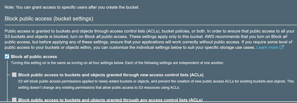 AWS suosittelee, että kaikki julkinen pääsy buckettiin estetään (Kuva 3).