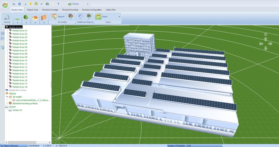 45 Kuva 31: 3D-visualisointia aurinkosähköjärjestelmästä PV*SOL Premium -ohjelmistolla. 3D-visualisoinnin ansiosta aurinkosähkön tuotolle voidaan tehdä myös varjostuksen simulointi.