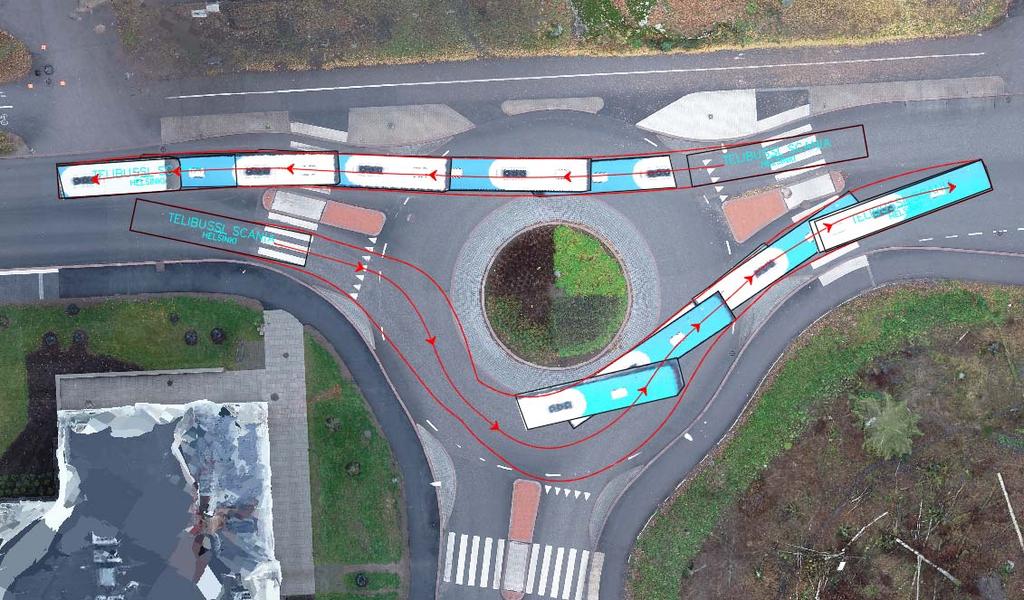 5 Kuva 2. Ortokuvan päällä esitettynä telilinja auton todellinen ajoura ja AutoTURNilla luotu ajoura. Pohjoinen ajosuunta kuvassa vasemmalla.