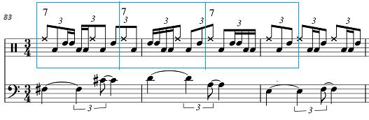 17 NUOTTIESIMERKKI 12. Trioleita ryhmiteltynä seitsemän ryhmiin NUOTTIESIMERKKI 13. Perus Beat-komppi "upotettuna" trioleihin. Hi-hat soittaa neljäsosia.