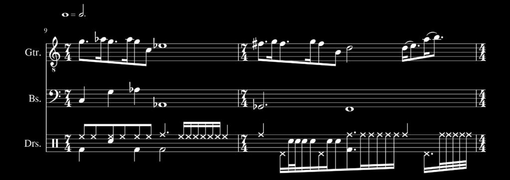 21 NUOTTIESIMERKKI 19. Metrinen modulaatio ennen pianosooloa. Kahdeksasosatriolit ovat nyt kuudestoistaosia. Koko pianosoolo menee tällä samalla metriikalla eikä polyrytmistä sisältöä juurikaan ole.