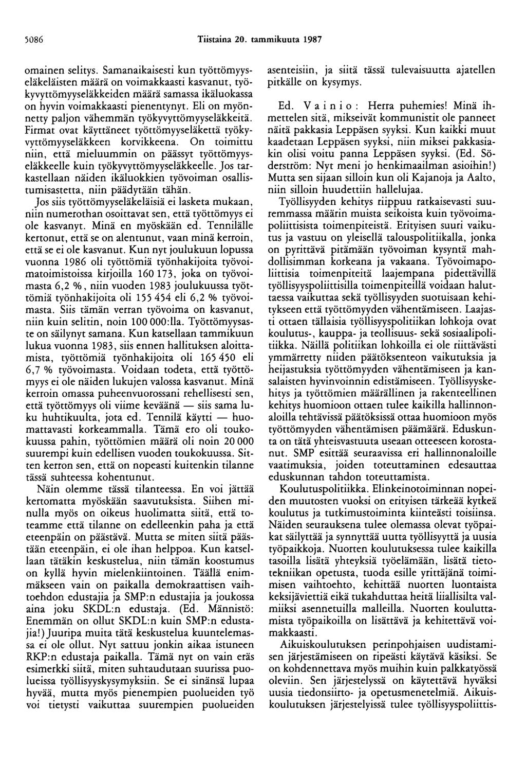 5086 Tiistaina 20. tammikuuta 1987 omainen selitys.