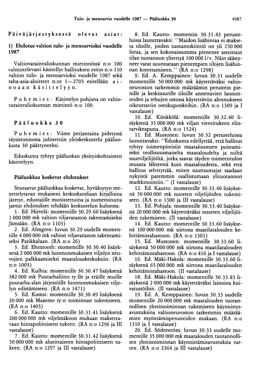Tulo- ja menoarvio vuodelle 1987 - Pääluokka 30 4987 Päiväjärjestyksessä olevat asiat: 1) Ehdotus valtion tulo- ja menoarvioksi vuodelle 1987 Valtiovarainvaliokunnan mietinnössä n:o 100