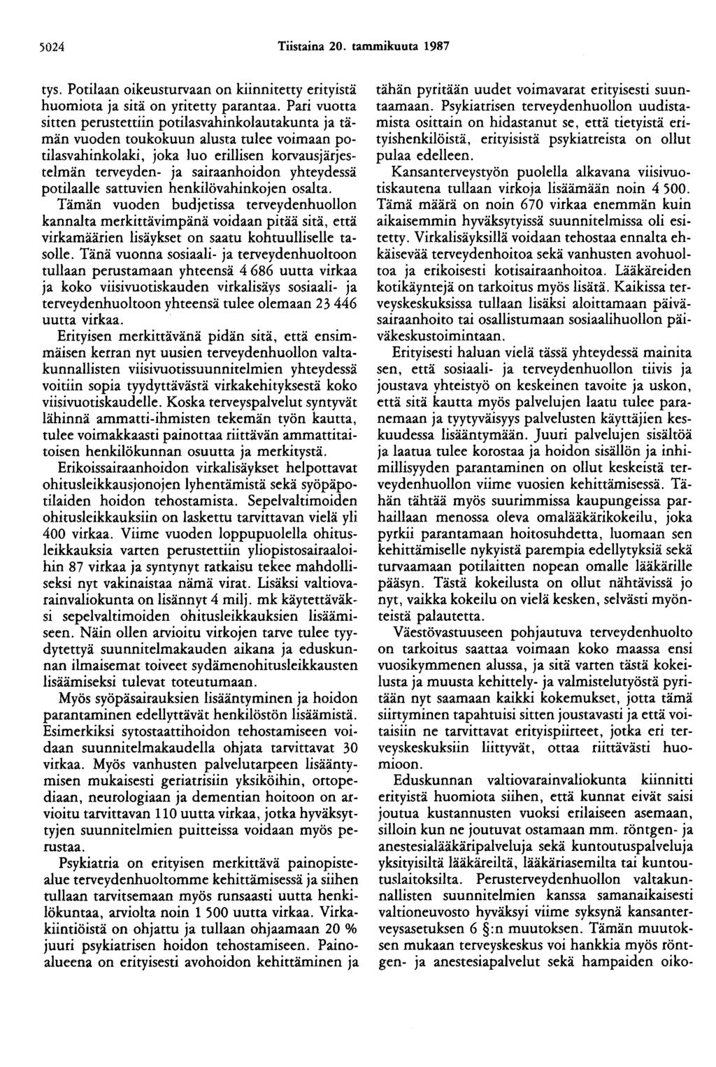 5024 Tiistaina 20. tammikuuta 1987 tys. Potilaan oikeusturvaan on kiinnitetty erityistä huomiota ja sitä on yritetty parantaa.