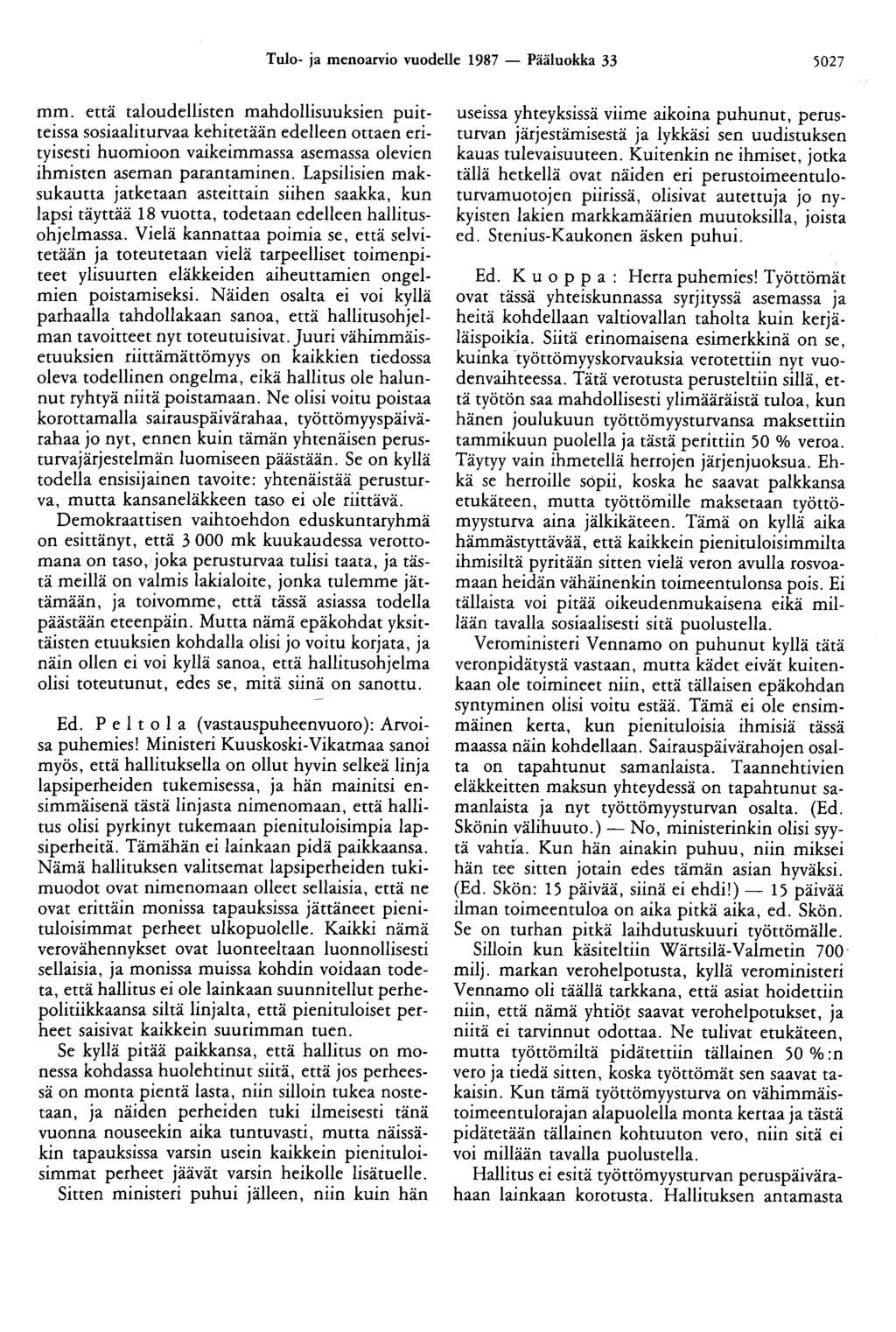 Tulo- ja menoarvio vuodelle 1987 - Pääluokka 33 5027 mm.