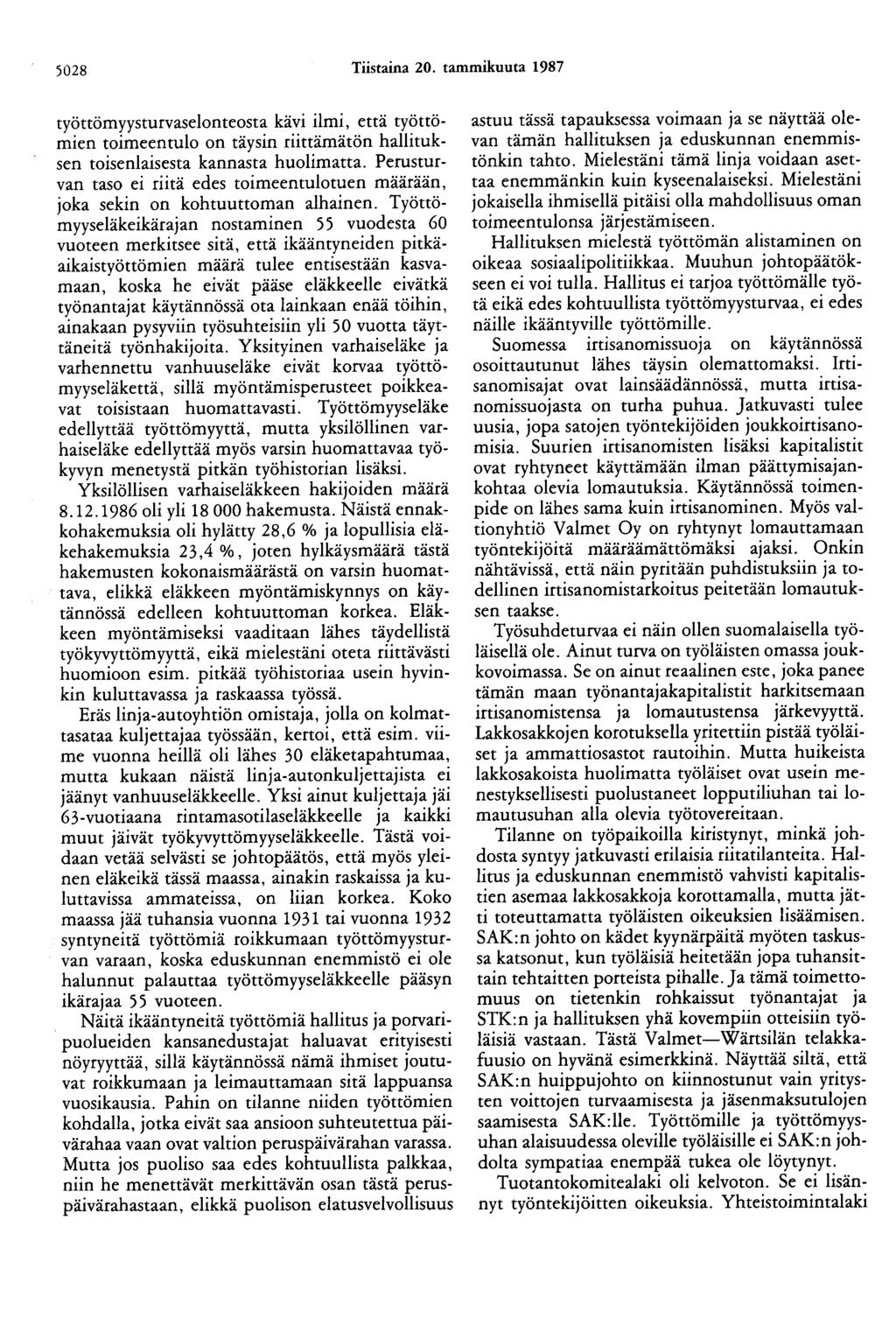 5028 Tiistaina 20. tammikuuta 1987 työttömyysturvaselonteosta kävi ilmi, että työttömien toimeentulo on täysin riittämätön hallituksen toisenlaisesta kannasta huolimatta.