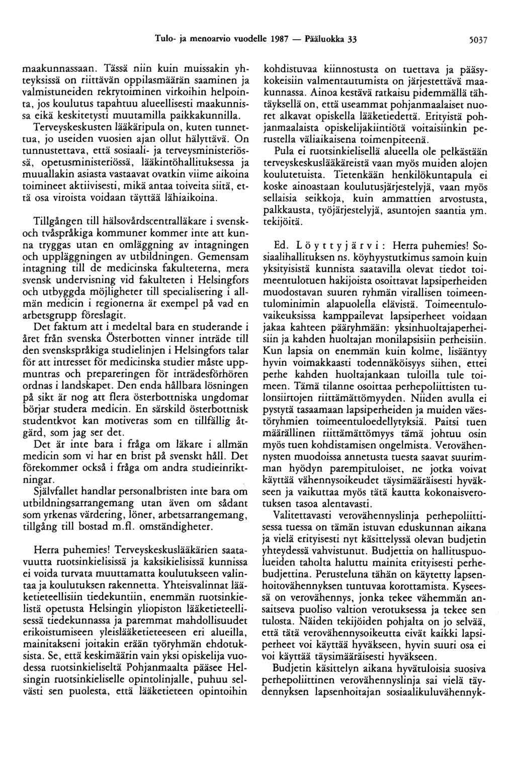 Tulo- ja menoarvio vuodelle 1987 - Pääluokka 33 5037 maakunnassaan.