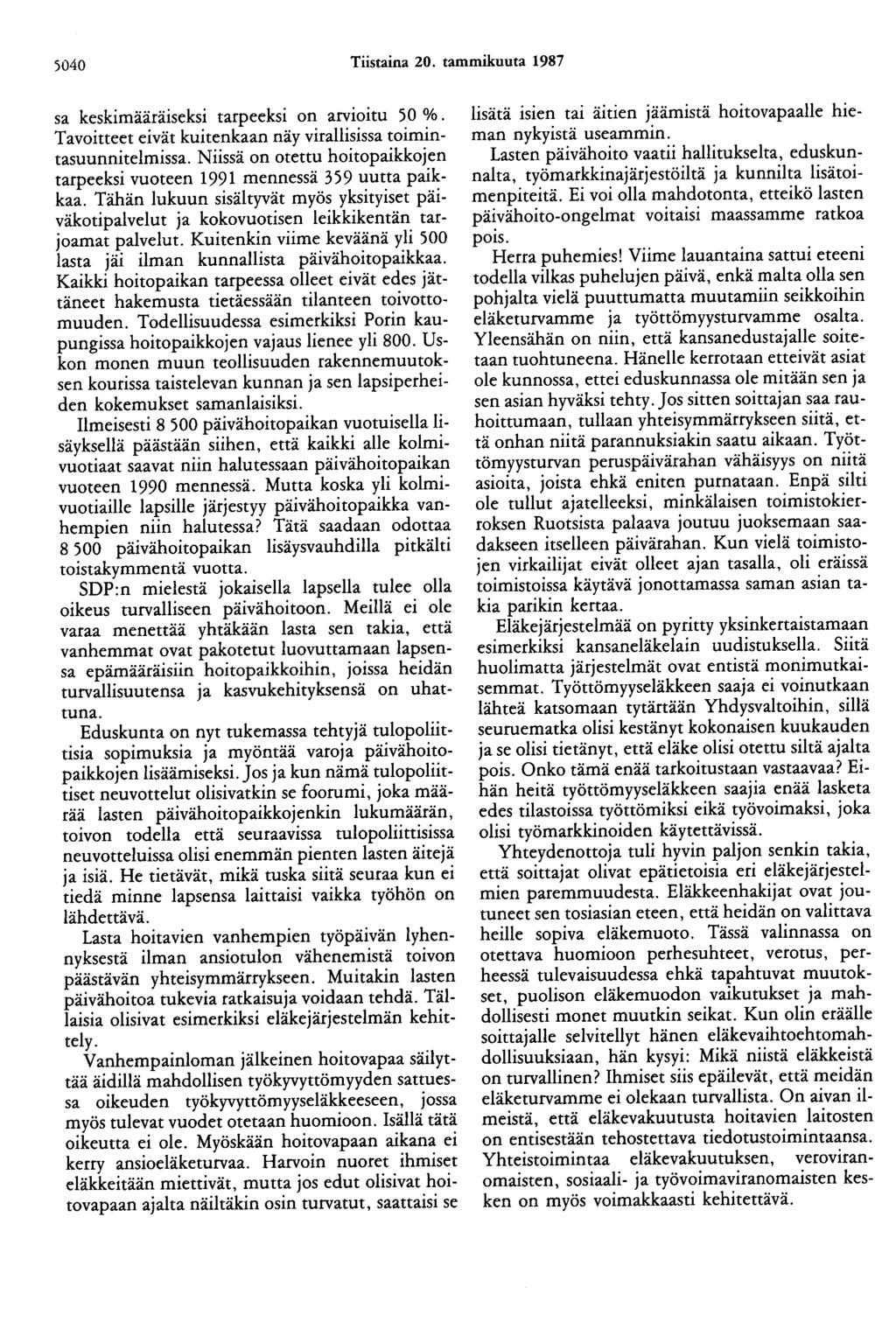 5040 Tiistaina 20. tammikuuta 1987 sa keskimääräiseksi tarpeeksi on arvioitu 50 %. Tavoitteet eivät kuitenkaan näy virallisissa toimintasuunnitelmissa.