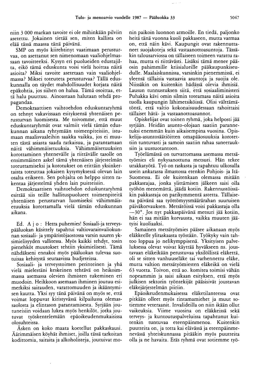 Tulo- ja menoarvio vuodelle 1987 - Pääluokka 33 5047 niin 3 000 markan tavoite ei ole mihinkään pilviin asetettu. Jokainen tietää sen, miten kallista on elää tässä maassa tänä päivänä.