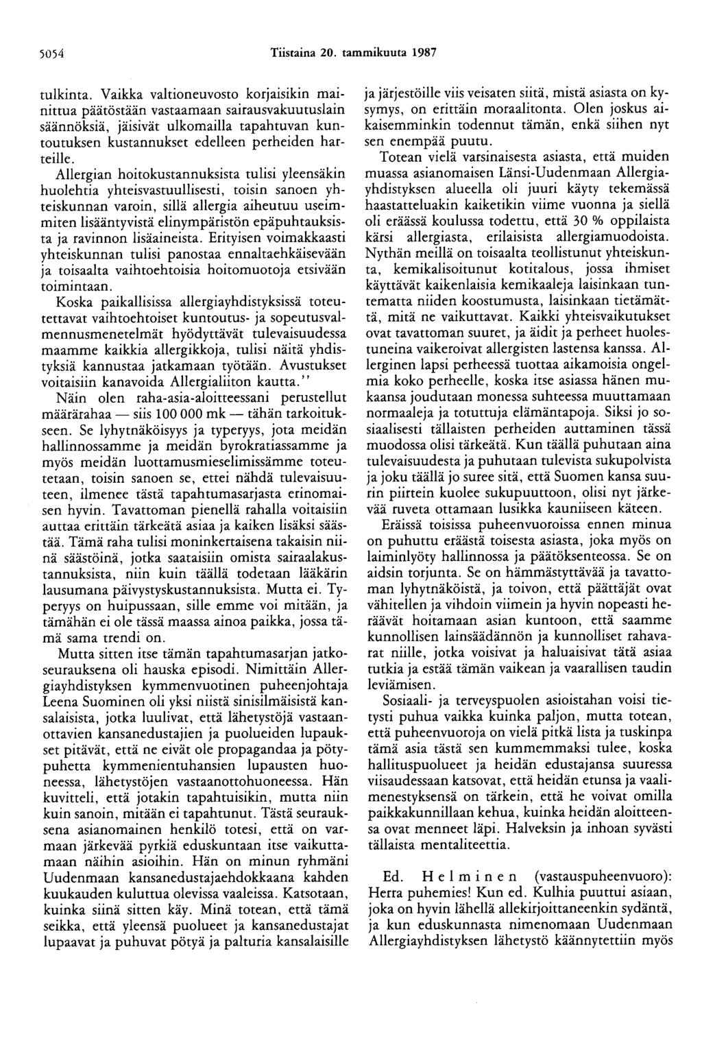 5054 Tiistaina 20. tammikuuta 1987 tulkinta.