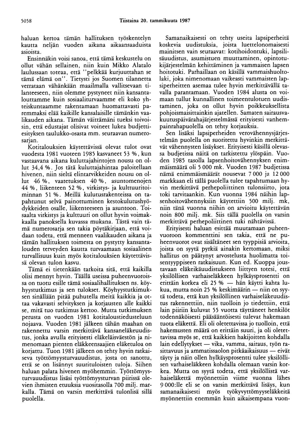 5058 Tiistaina 20. tammikuuta 1987 haluan kertoa taman hallituksen työskentelyn kautta neljän vuoden aikana aikaansaaduista asioista.