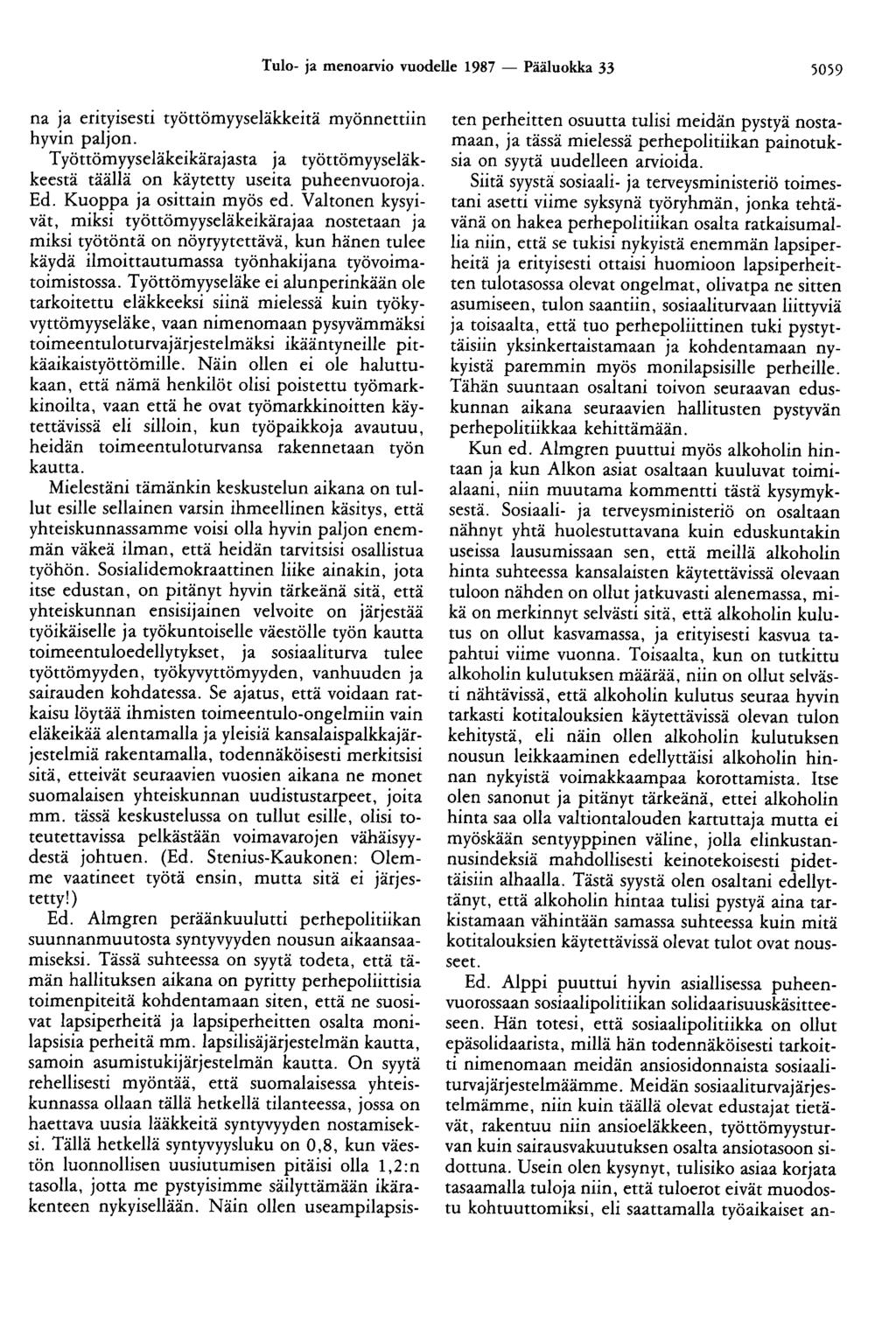 Tulo- ja menoarvio vuodelle 1987 - Pääluokka 33 5059 na ja erityisesti työttömyyseläkkeitä myönnettiin hyvin paljon.