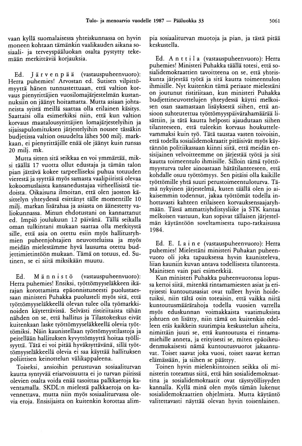 Tulo- ja menoarvio vuodelle 1987 - Pääluokka 33 5061 vaan kyllä suomalaisessa yhteiskunnassa on hyvin moneen kohtaan tämänkin vaalikauden aikana sosiaali- ja terveyspääluokan osalta pystytty tekemään