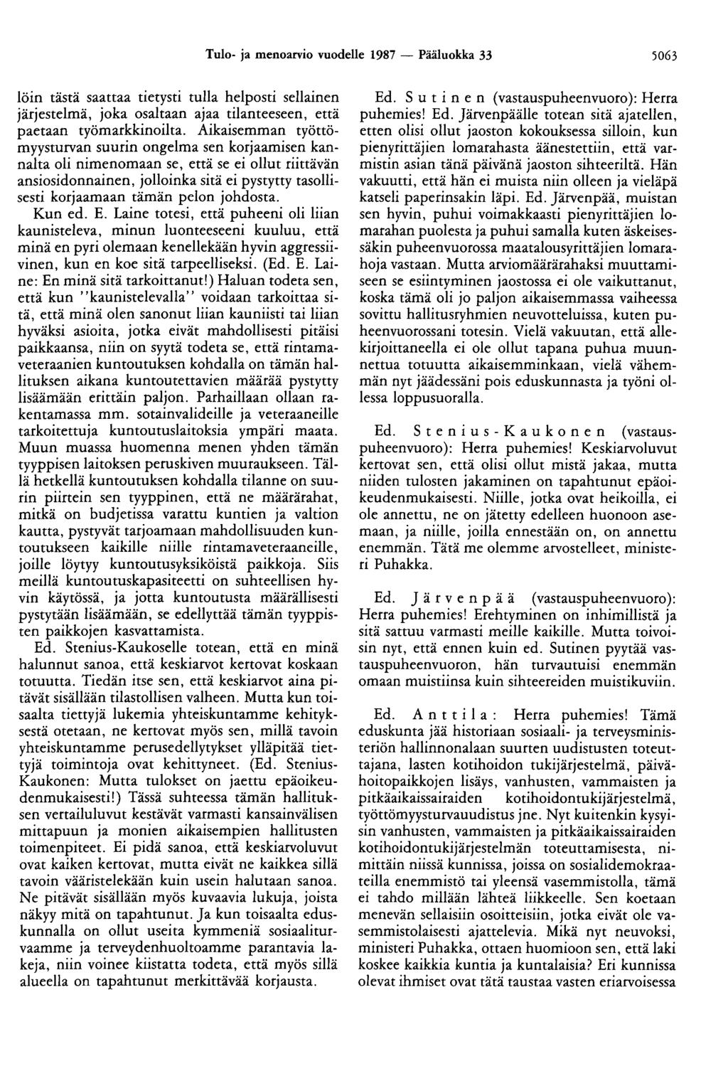 Tulo- ja menoarvio vuodelle 1987 - Pääluokka 33 5063 löin tästä saattaa tietysti tulla helposti sellainen järjestelmä, joka osaltaan ajaa tilanteeseen, että paetaan työmarkkinoilta.