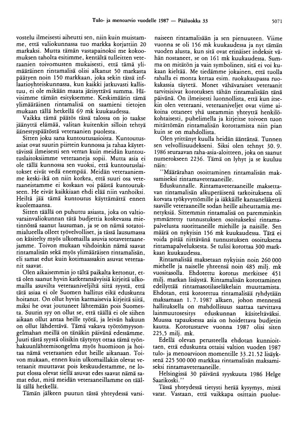 Tulo- ja menoarvio vuodelle 1987 - Pääluokka 33 5071 vostelu ilmeisesti aiheutti sen, niin kuin muistamme, että valiokunnassa tuo markka korjattiin 20 markaksi.