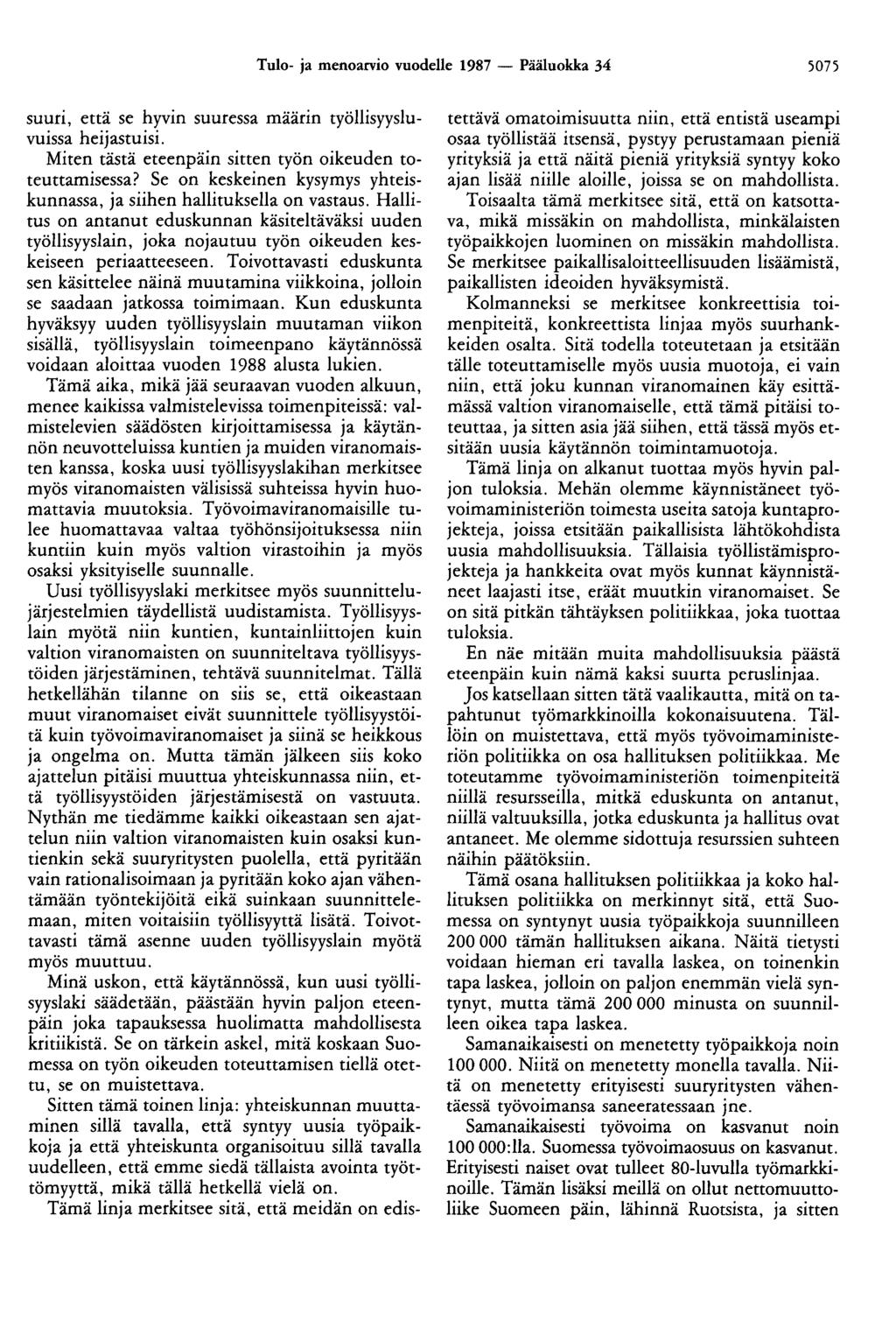 Tulo- ja menoarvio vuodelle 1987 - Pääluokka 34 5075 suuri, että se hyvin suuressa määrin työllisyysluvuissa heijastuisi. Miten tästä eteenpäin sitten työn oikeuden toteuttamisessa?
