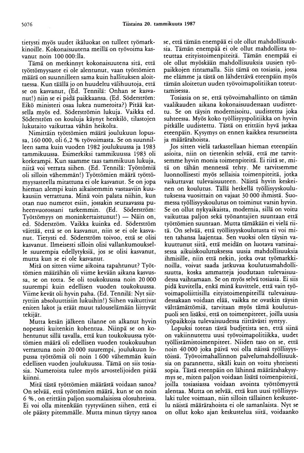 5076 Tiistaina 20. tammikuuta 1987 tietysti myös uudet ikäluokat on tulleet työmarkkinoille. Kokonaisuutena meillä on työvoima kasvanut noin 100 OOO:lla.