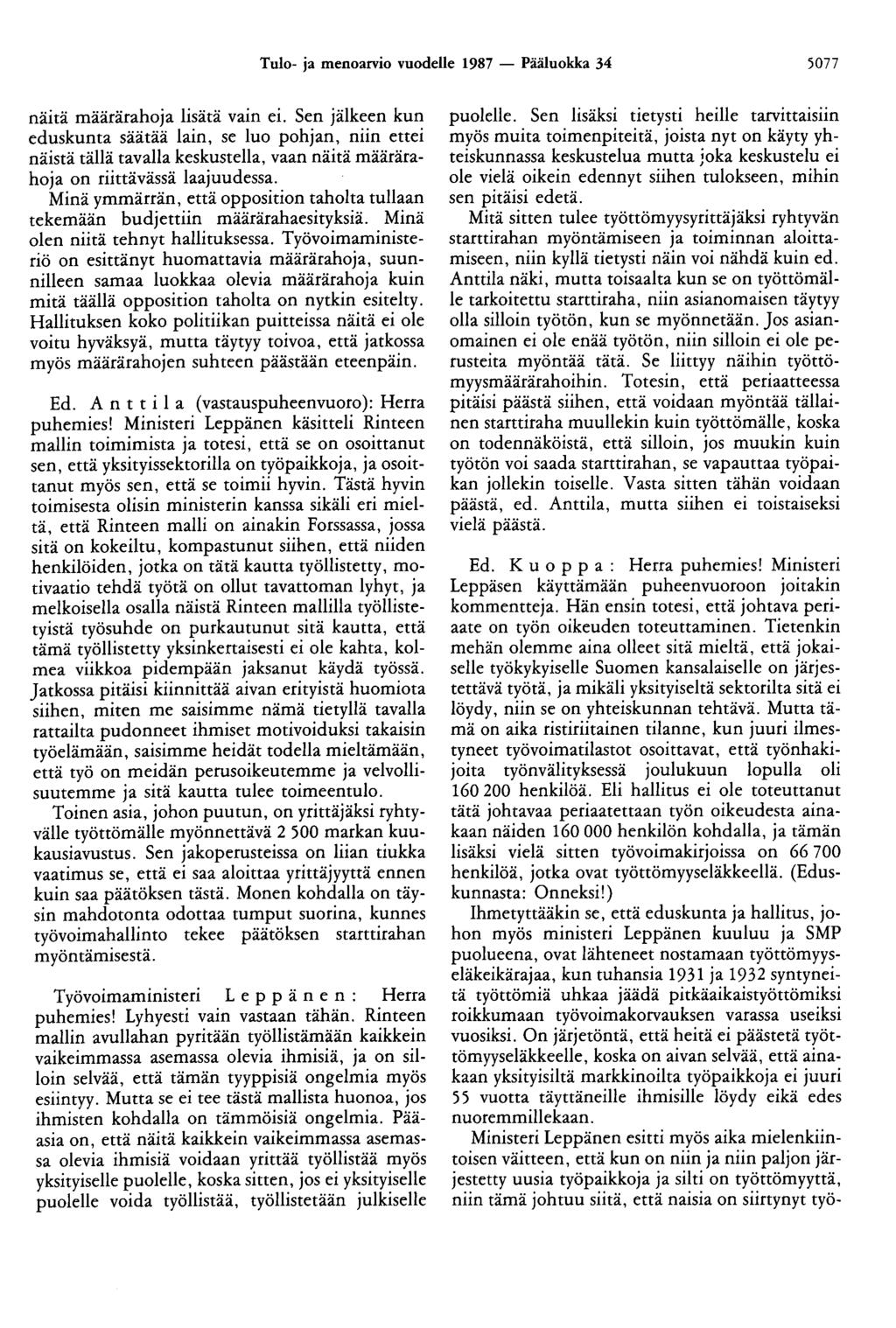Tulo- ja menoarvio vuodelle 1987 - Pääluokka 34 5077 näitä määrärahoja lisätä vain ei.