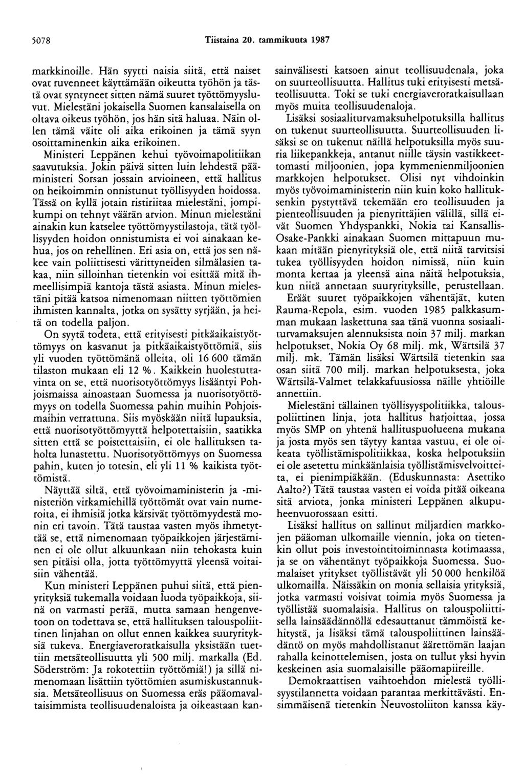 5078 Tiistaina 20. tammikuuta 1987 markkinoille. Hän syytti na1s1a suta, että naiset ovat ruvenneet käyttämään oikeutta työhön ja tästä ovat syntyneet sitten nämä suuret työttömyysluvut.