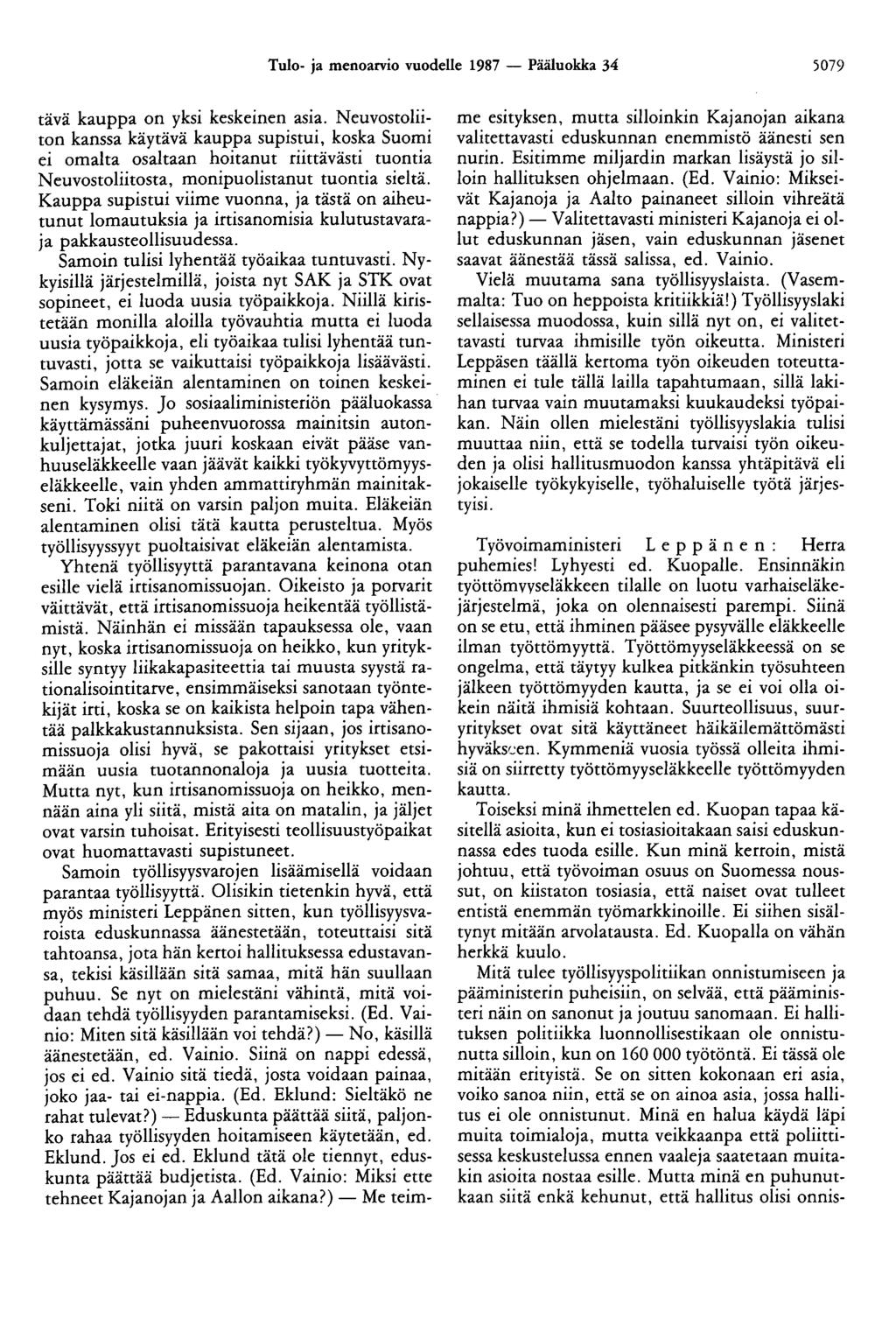 Tulo- ja menoarvio vuodelle 1987 - Pääluokka 34 5079 tävä kauppa on yksi keskeinen asia.