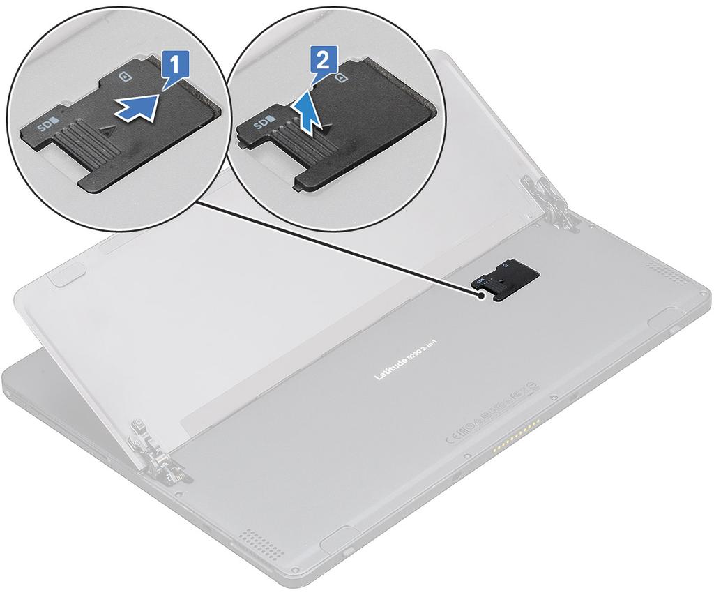 7. Irrota microsd- ja mikro-sim-kortit samalla tavalla. Näyttö Näyttökokoonpanon irrottaminen 1. Noudata Ennen kuin avaat tabletin -kohdan ohjeita. 2.