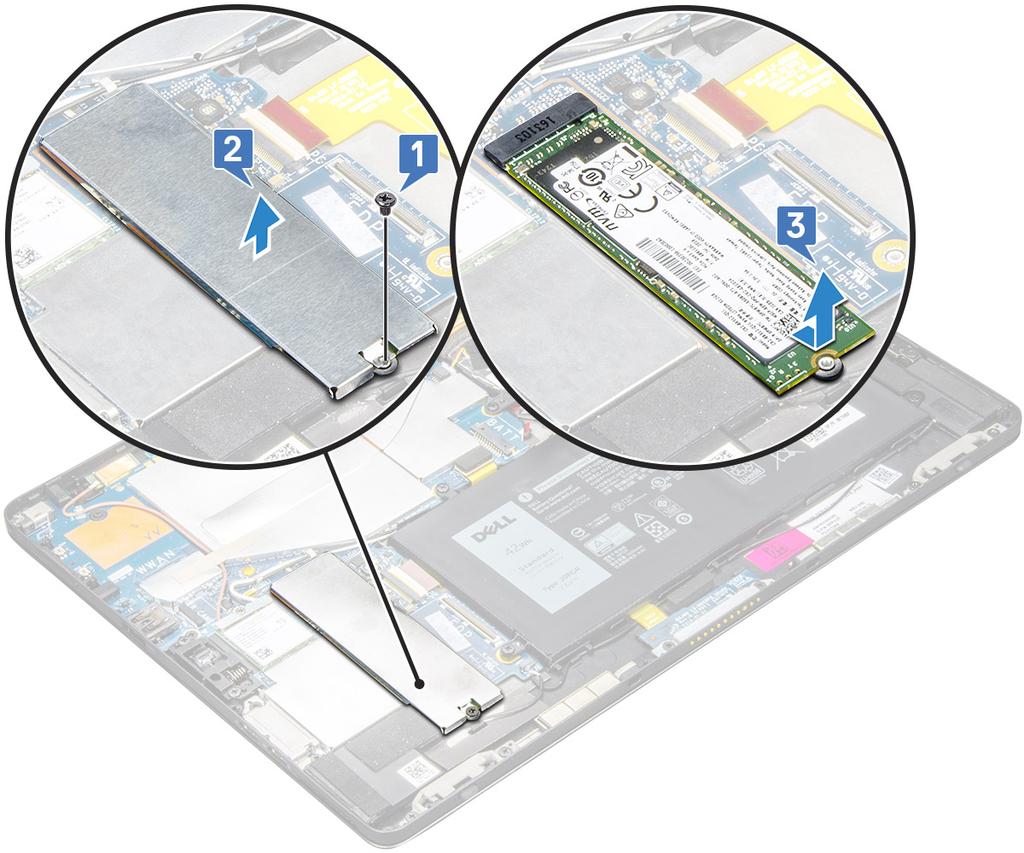 b) Nosta SSD-moduulin suojus irti tabletista [2]. HUOMAUTUS Jos malli on toimitettu M.2 2280 SSD:llä, SSD edellyttää suojauskannen asentamista SSD:n päälle. M.2 2280 SSD paikan lähellä on viisi kiinnikettä Latitude 5290 2-in-1:n emolevyssä.