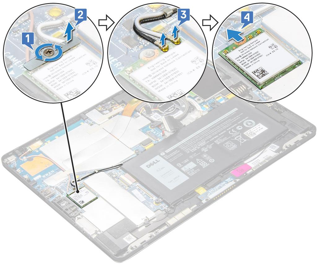 5. Noudata Tabletin sisällä työskentelyn jälkeen -kohdan ohjeita. WLAN-kortti WLAN -kortin irrottaminen 1. Noudata Ennen kuin avaat tablet-tietokoneen -kohdan ohjeita. 2.