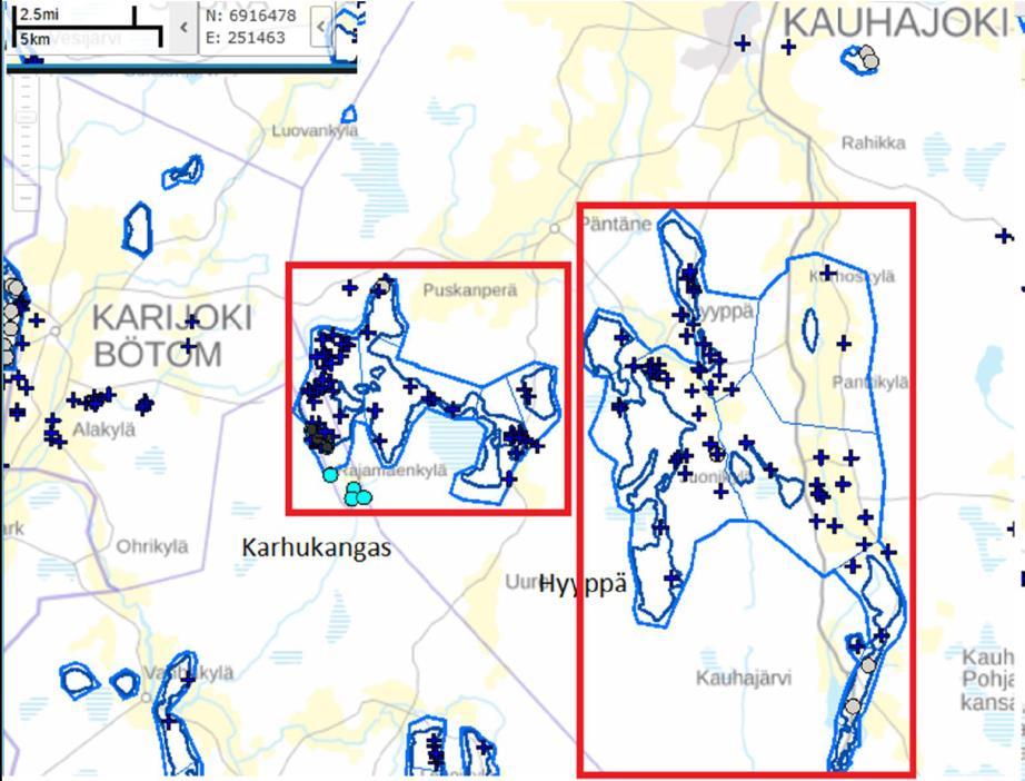 Projektiraportti 38(49) Kuva 16 Hyypän ja Karhukankaan alueet. Punaisella suorakaiteella on esitetty kaikkien kohteiden mallinnusalueen likimääräiset rajaukset.