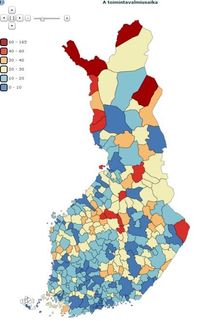 TAULUKKO 12. Suomen kaupungit ja kunnat (10 kpl), joissa toimintavalmiusaika (B-kiireellisyysluokka) oli pisin vuonna 2018.