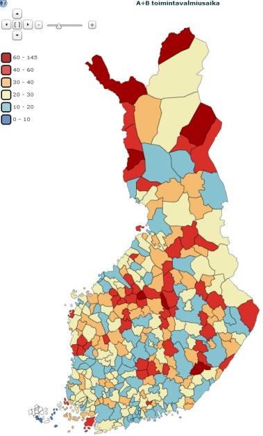 A- ja B-kiireellisyysluokan tehtävien osalta sellaisia kuntia, missä toimintavalmiusaika on pidempi kuin 40 minuuttia, on koko maassa vuonna 2018 ollut 56 kappaletta.