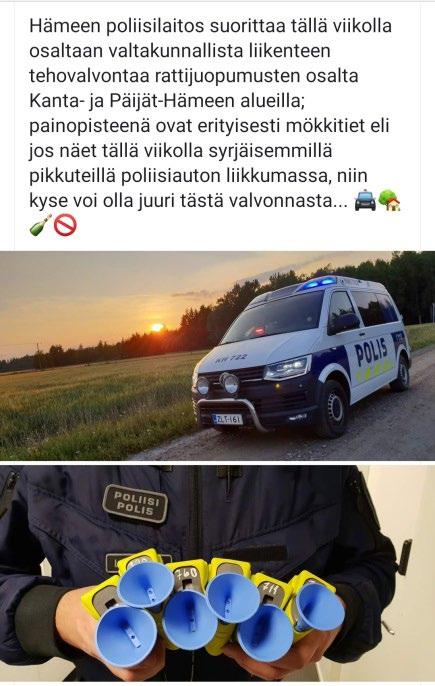 Kuva 3. Rattijuopumusten valtakunnallinen tehovalvontateema mökkiteillä. Hämeen poliisilaitoksen tiedote sosiaalisessa mediassa. Lähde: Hämeen poliisilaitos, Twitter.