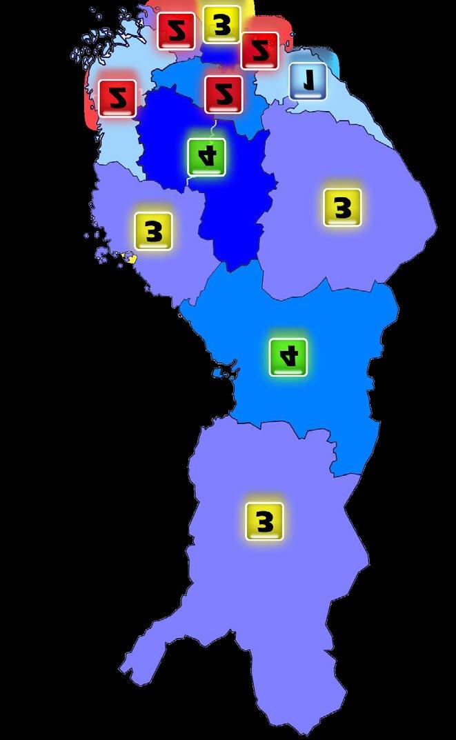 Oheisesta kartasta ilmenevät poliisilaitoskohtaiset kenttäjohtoalueet ja niiden määrät tällä hetkellä. KAAVIO 10. Kenttäjohtoalueiden lukumäärät poliisilaitoksittain. Lähde: Poliisihallitus.