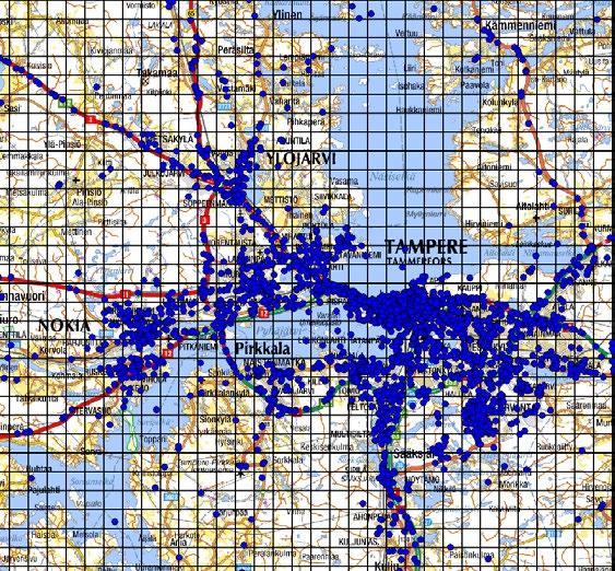 Esimerkki 1. Hälytystehtäviä Tampereen seudulla ja tilastoruudukko (1 km x 1km) Menetelmä mahdollistaa yksittäisten tehtävien sisältämien tietojen tarkastelun halutulla ruututasolla.