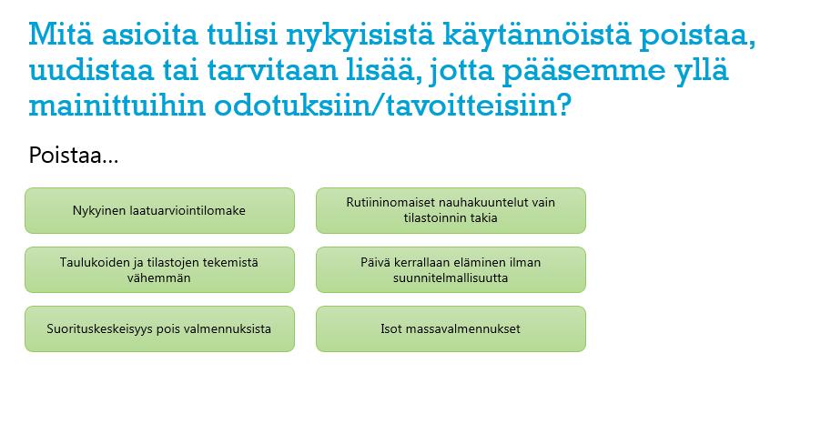 55 (78) 2. Kysymys: KUVA 31. Teemoitellut vastaukset kysymykseen 2 Vastausten perusteella valmennukseen kaivattiin enemmän suunnitelmallisuutta.