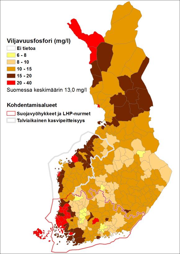 Kuva 19. Keskimääräinen pintamaan viljavuusfosforipitoisuus (mg/l) kunnittain vuosina 20