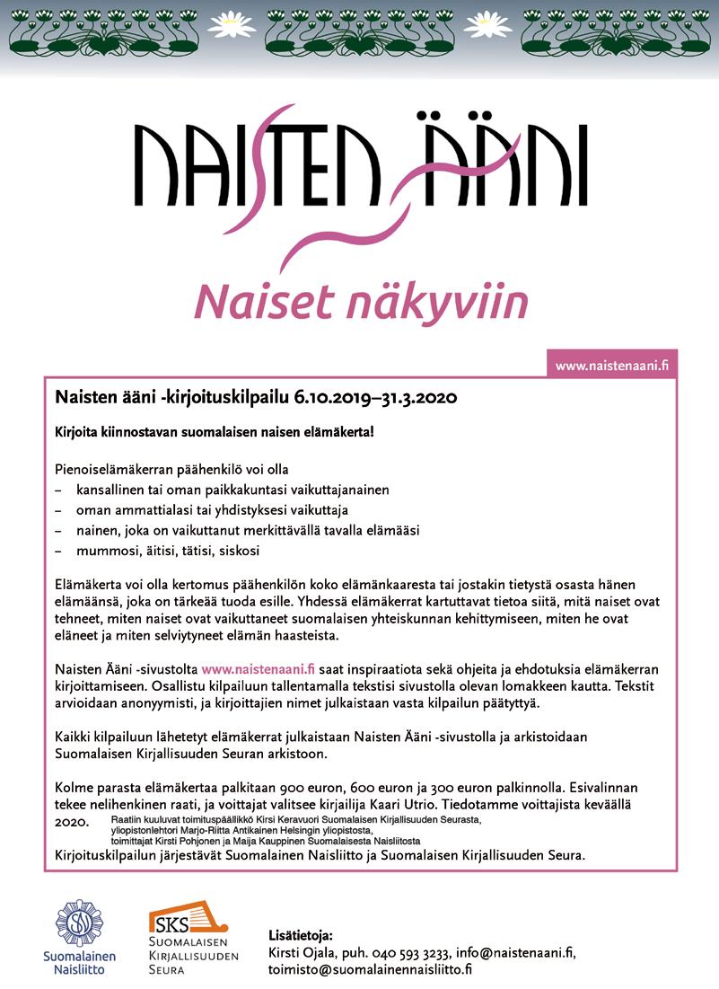 Naisten Ääni -kirjoituskilpailu 6.10.2019 31.3.2020 Kirjoita kiinnostavan suomalaisen naisen elämäkerta!