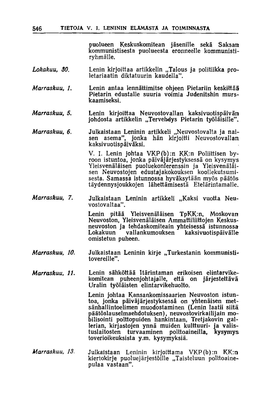 546 TIETOJA V. I. LENININ ELÄMÄSTÄ JA TOIMINNASTA puolueen Keskuskomitean jäsenille sekä Saksan kommunistisesta puolueesta eronneelle kommunistiryhmälle. Lokakuu, 80. Marraskuu, 1. Marraskuu, 5.