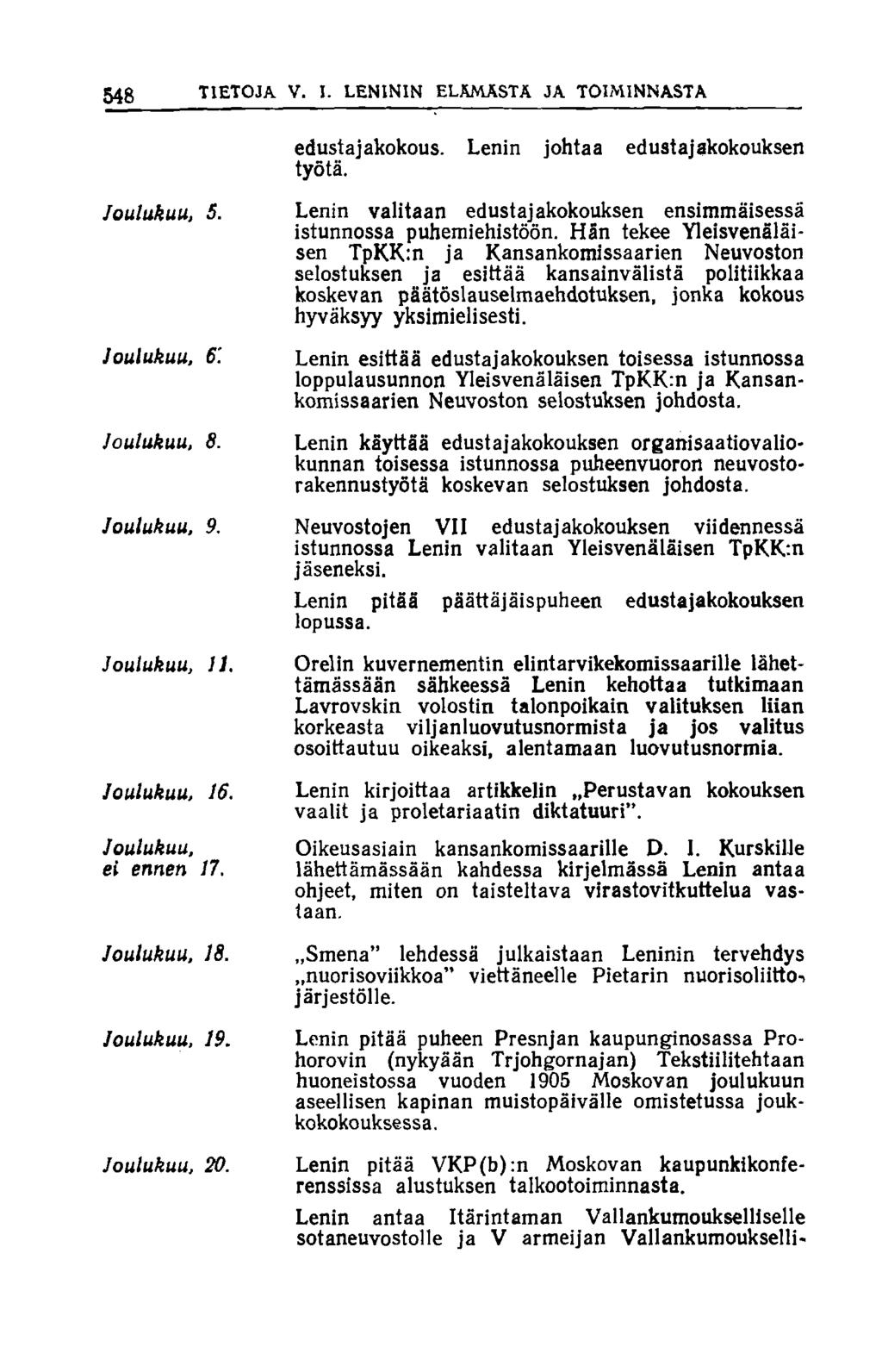 548 TIETOJA V. I. LENININ ELÄMÄSTÄ JA TOIMINNASTA edustajakokous. Lenin johtaa edustajakokouksen työtä. Joulukuu, 5. Joulukuu, 6'. Joulukuu, 8. Joulukuu, 9. Joulukuu, II. Joulukuu, 16.