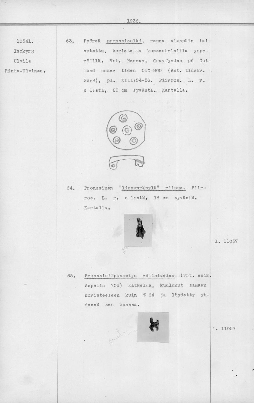 Isokyr 63. Pyöreä pronsmisolki, reuna alaspin tai vutettu, koristettu konsentrisilla ympyröillä. jjrt. Herman, Gravfynden p4 got land under tiden 550-800 (Ant. tidskr. 224), pl. X111:54-56. Piirros.