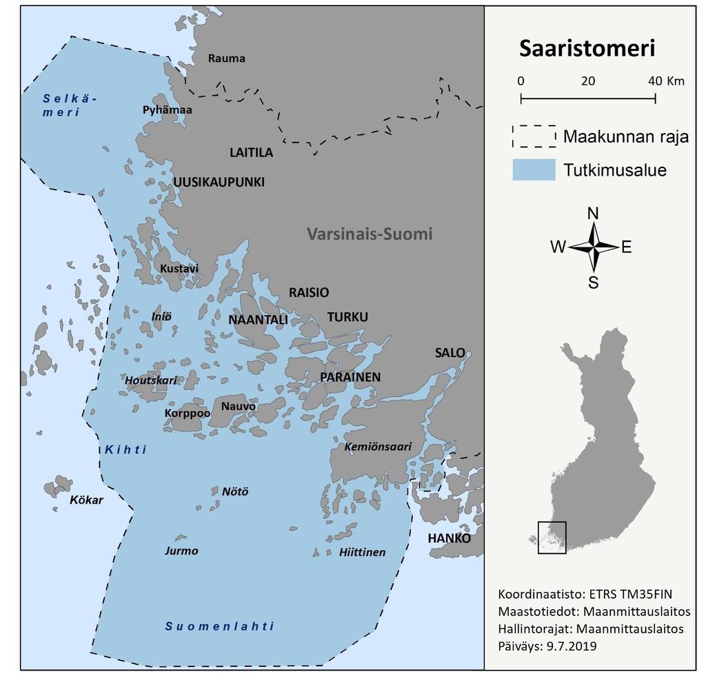Kuva 3. Tutkimusalueen kartta Herkkä luonnonympäristö ja runsas ihmistoiminta tekevät Saaristomeren alueesta erittäin haavoittuvaisen (Saaristomeri 2013).