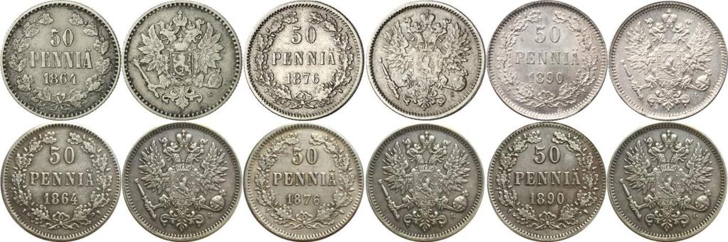 Hupaisa tekele: 50 penniä 1867, arvopuoli. Kuva 15. Vähemmän hupaisia 50 pennin tekeleitä vuosilta 1864, 1876 ja 1890 verrattuna aitoihin rahoihin. Aidot ylempänä, tekeleet alla. Kuvasta 15.