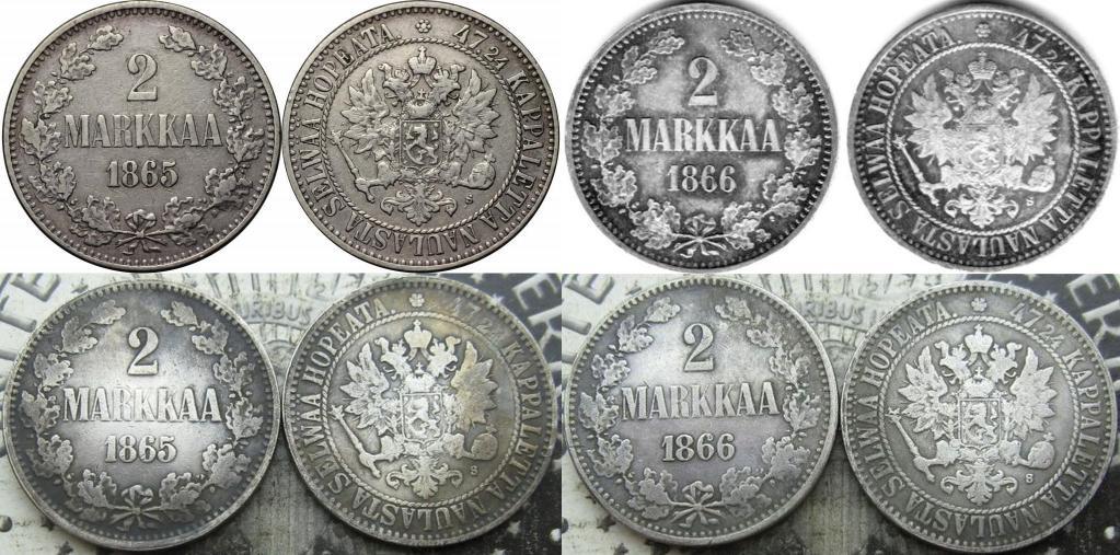 Aidot 1 ja 2 markan rahat ovat 868/1000 hopeaa, mutta 2 markan tekeleiden 1865 1908 koostumukset ovat röntgenfluorometrianalyysien mukaan keskimäärin seuraavat: Cu